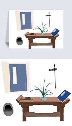 手绘文房四宝供桌子纸张砚兰花书本毛笔笔搁