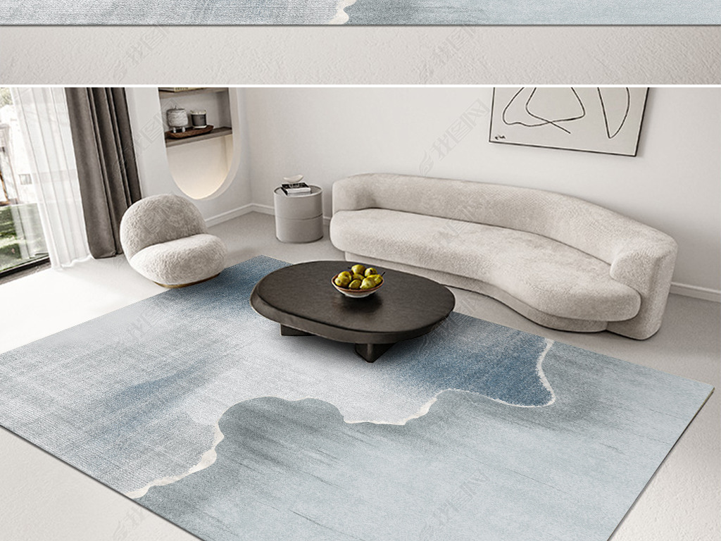 现代简约蓝色抽象水墨条纹艺术地毯地垫图案设计