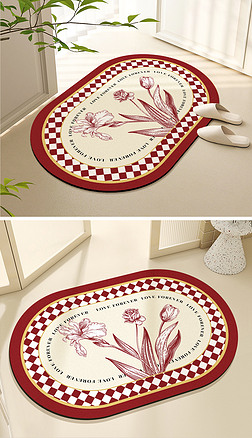 复古美式轻奢结婚红色花卉硅藻泥地毯地垫浴室垫