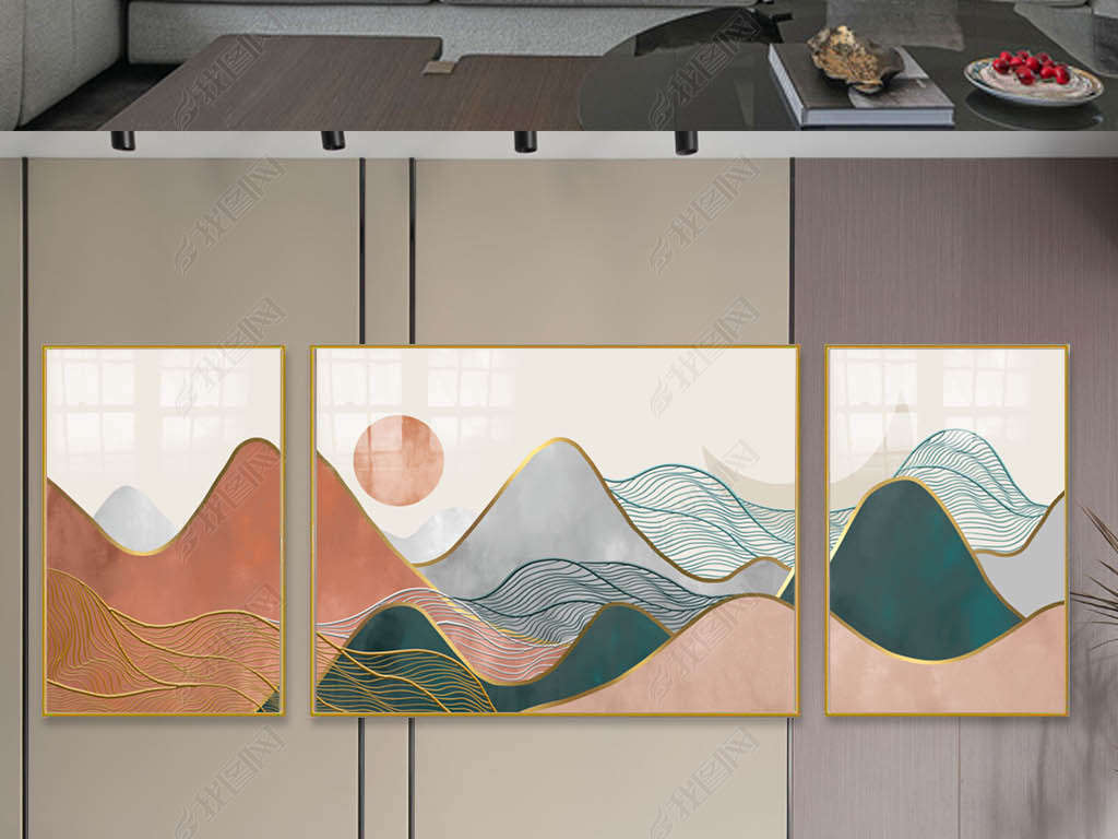 抽象新中式现代轻奢山水客厅三联组合装饰画二