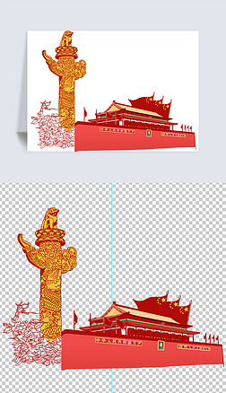 手绘卡通古建筑城楼标志红旗天安门华表牡丹