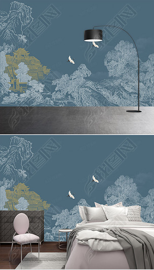 新中式线描古建筑山水手绘线条瑞鹤图墙