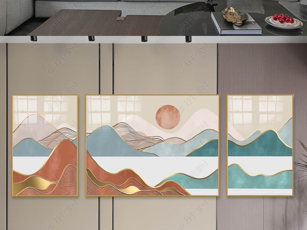 抽象新中式现代轻奢山水客厅三联组合装饰画三