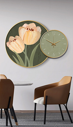 北欧简约清新手绘花卉餐厅客厅钟表挂画2