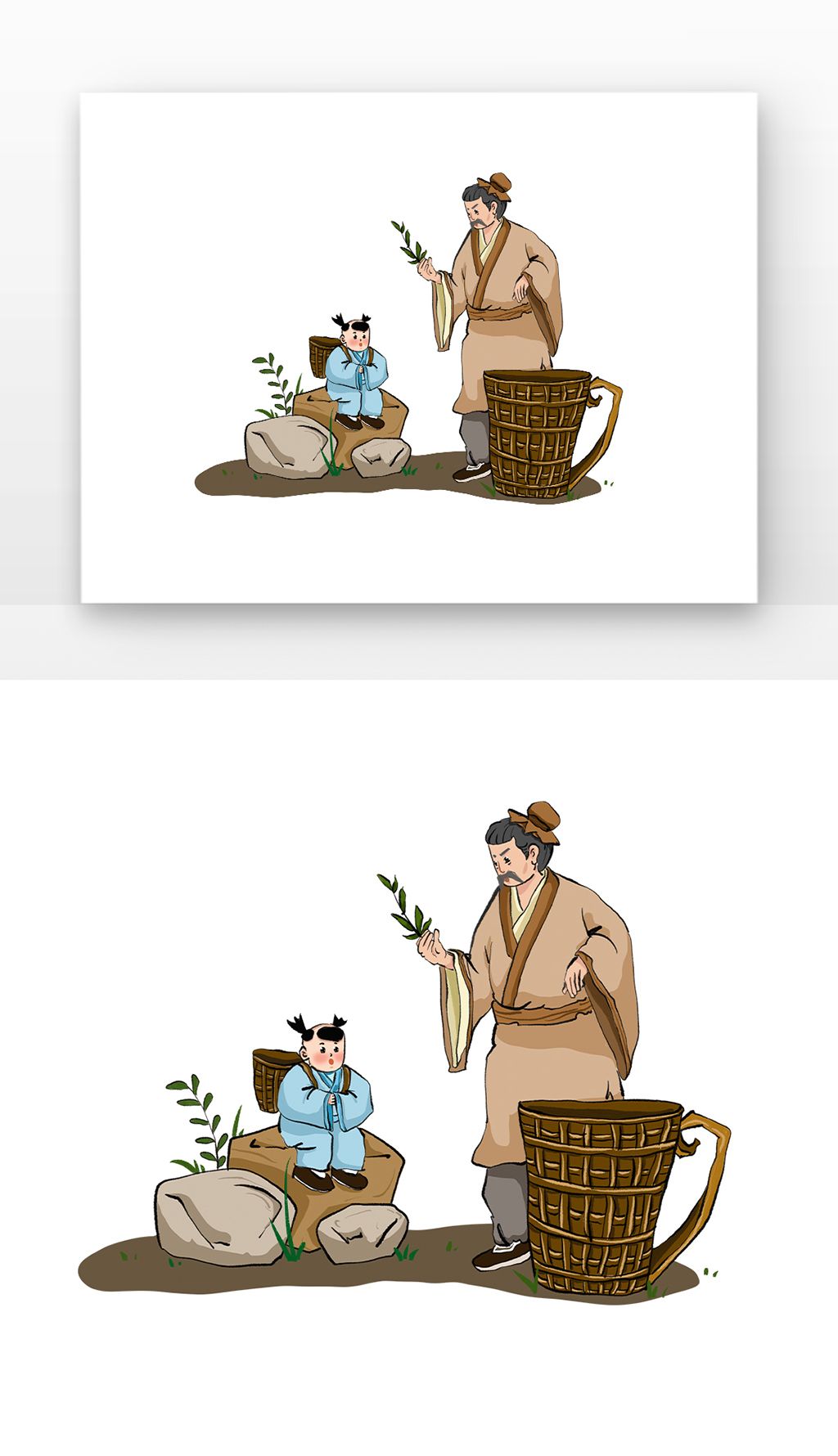 老中医采摘药材给小孩儿讲药效老中医和药材