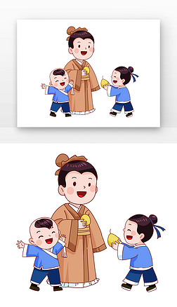 国学图片免抠元素|蓝色古风谦让孔融让梨人物元素