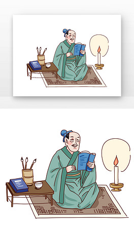 蓝色国画勤奋挑灯夜读古风人物元素