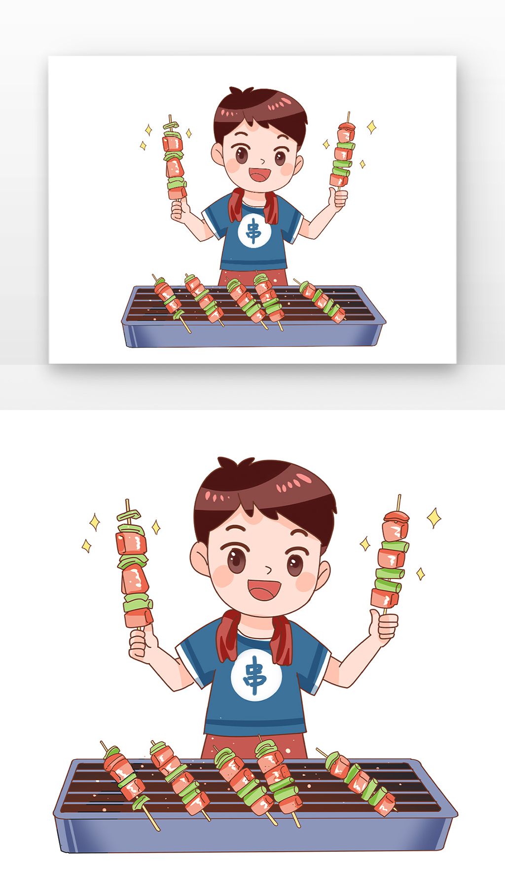 蓝色卡通烧烤摊位人物举烤肉元素