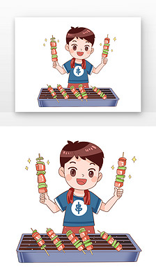 蓝色卡通烧烤摊位人物举烤肉元素