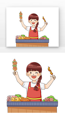 粉色卡通女生烧烤摊位人物元素