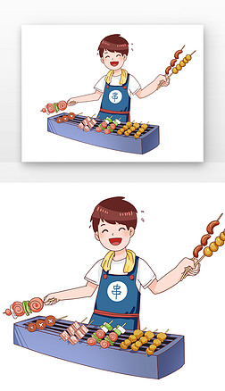 烤肉卡通免抠元素|粉色卡通男生烧烤摊位元素