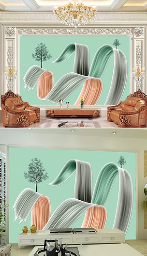 简约立体波浪树抽象3D客厅电视背景墙