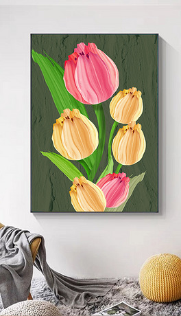 北欧现代简约郁金香油画肌理浪漫玄关装饰画3