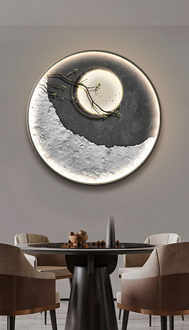 高级感石纹肌理月上枝头圆形客厅装饰画