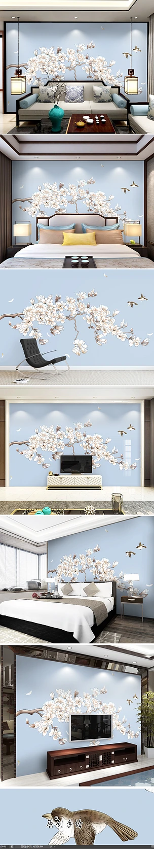 新中式手绘玉兰花工笔花鸟电视背景墙装饰画