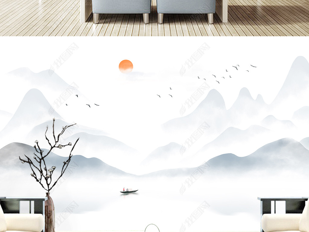 极简新中式手绘水墨意境山水背景墙装饰画