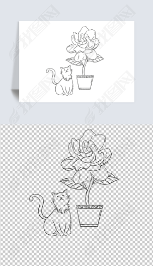 栀子花盆和猫线稿