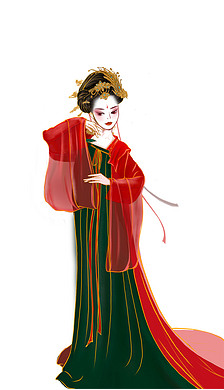 古装插画|国潮手绘红衣古装女psd分层