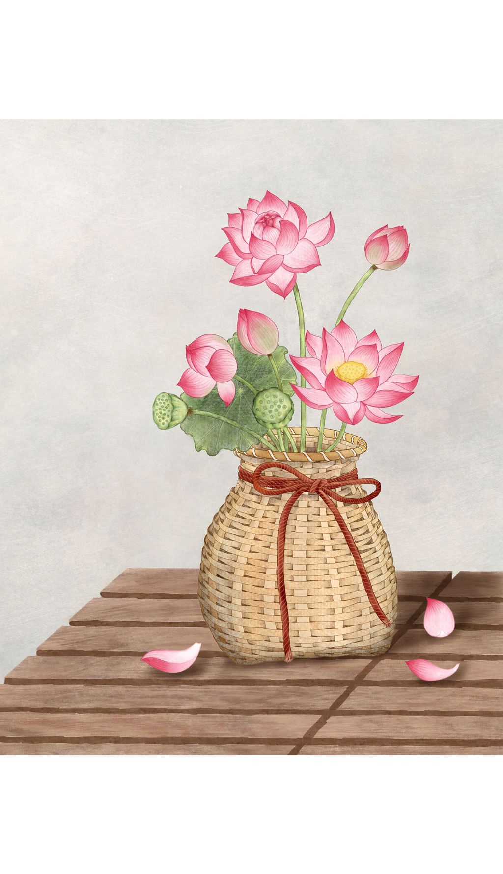 竹篓里的夏日荷花插画