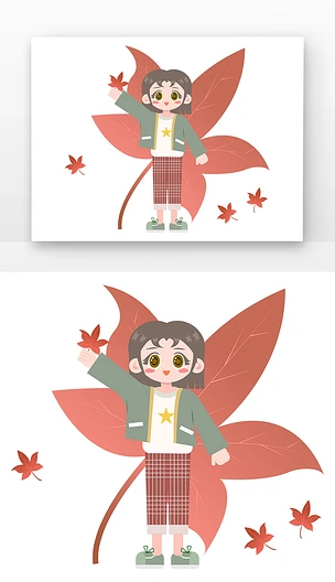 红枫叶矢量女孩和秋天树叶组合