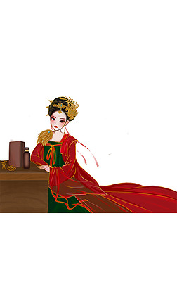 psd分层人物插画|国潮手绘红衣女子二饮酒支持psd分层
