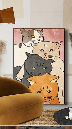 手绘可爱卡通猫咪叠叠高装饰画
