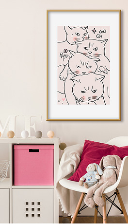 手绘可爱猫咪叠叠高简约卡通装饰画