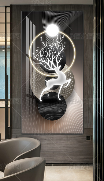 现代轻奢光影金属几何元素福鹿艺术玄关装饰画