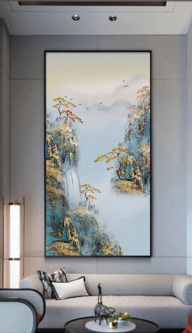 新中式玄关客厅山水风景意境金箔迎客松装饰画