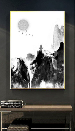 黑白简约风手画装饰画|黑白国画山水意境简约风装饰画