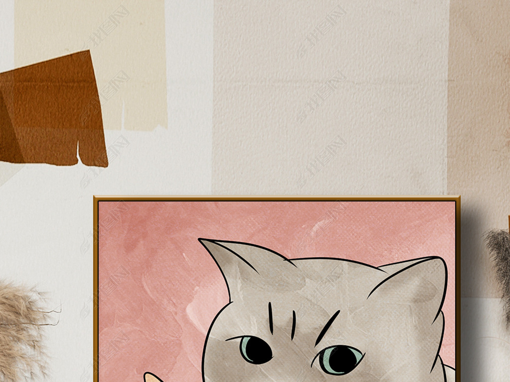 手绘可爱卡通两只猫咪肌理装饰画