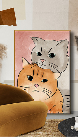 手绘可爱卡通两只猫咪肌理装饰画