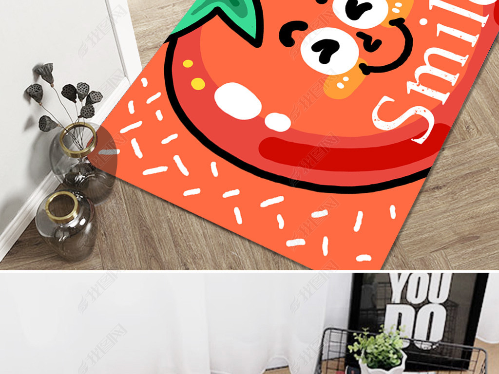红色喜庆简约时尚趣味水果卡通门厅卧室地毯地垫