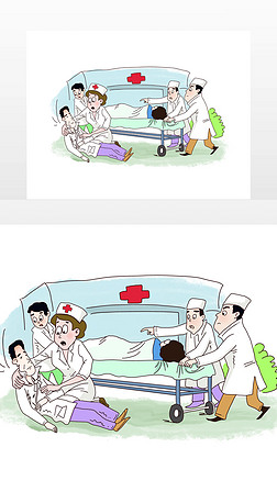 病人卡通免抠元素|蓝绿色卡通动漫一群医生抢救中暑病人