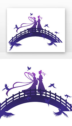 蓝色七夕节牛郎织女鹊桥剪影
