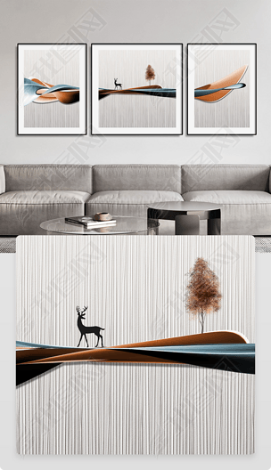 现代抽象橙色艺术肌理麋鹿客厅背景三联装饰画