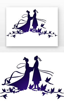 相遇免抠元素|七夕鹊桥牛郎织女相遇的剪影喜鹊搭桥