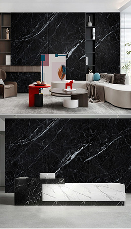 现代黑色大理石纹岩板轻奢悬空背景墙