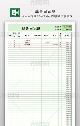 出纳现金日记账表格模板excel