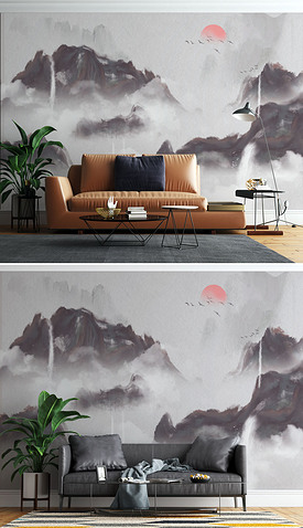 现代新中式水墨抽象意境流水生财山水背景墙
