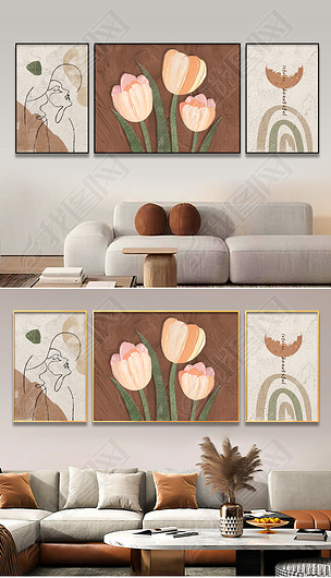 莫兰迪抽象花卉侘寂风肌理感客厅装饰画4