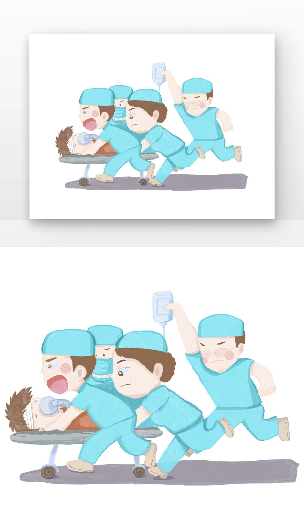 浅蓝色卡通医师节一群医生抢救病人担架药瓶元素