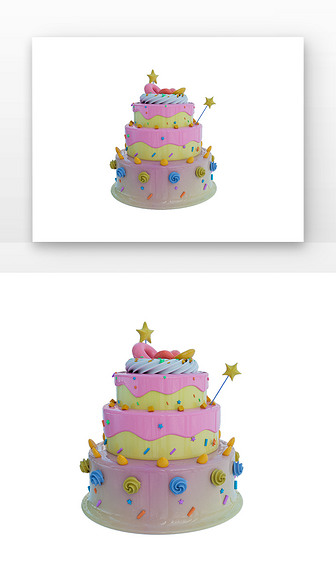 3d粉色三层星星奶油生日蛋糕渲染元素MAYA