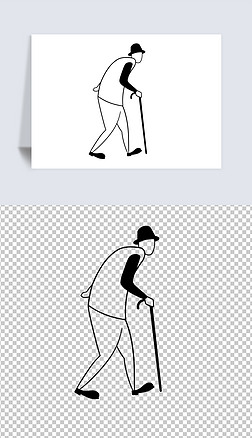 黑白简笔拄拐杖老人
