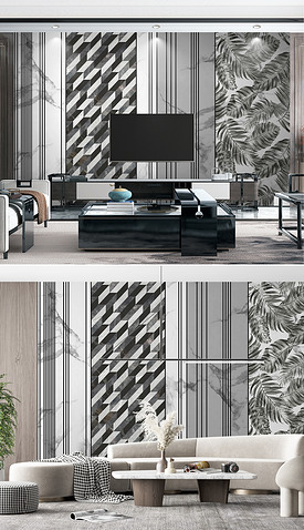 大理石纹竖条几何热带植物组合电视沙发背景墙