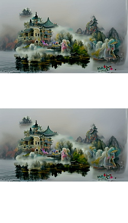 仙境插画|湖面上的仙宫,雾气萦绕,犹如仙境