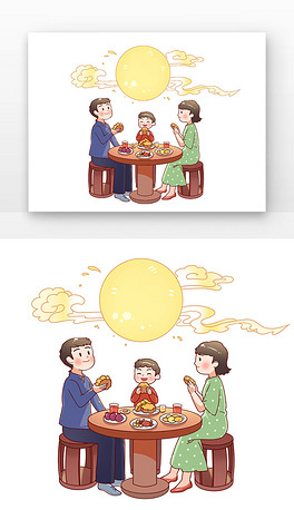 看月亮吃月饼中秋一家团圆赏月明月云彩吃月饼看月亮红黄色国风月兔