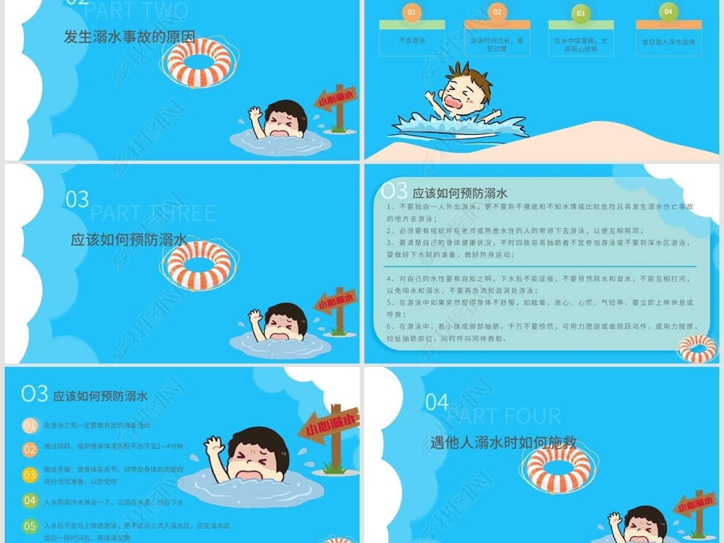 蓝色插画简约小清新暑假安全防溺水PPT
