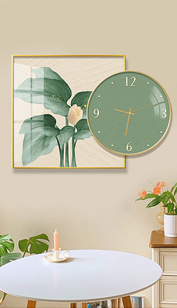 北欧小清新绿色植物餐厅客厅钟表装饰画
