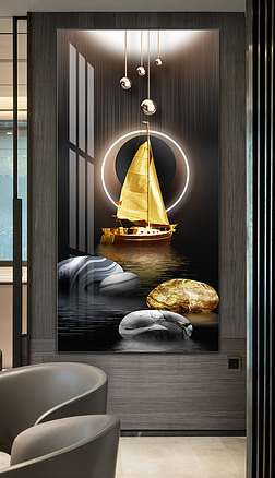 现代轻奢一帆风顺石来运转艺术玄关装饰画